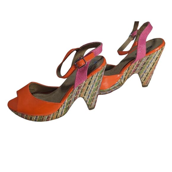 Unlisted by Kenneth Cole Orange Pink Strappy Women's 6.5 Basket Weave Wedge - Picture 4 of 8